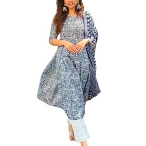 EthnicJunction Women's Cotton Blend Printed Kurta Pant and Dupatta Set