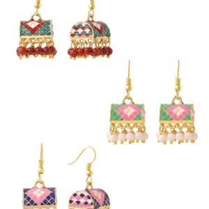 Yellow Chimes Meenakari Jhumka Earrings for Women | Traditional Small Jhumki Earrings Set for Girls | Combo of 3 Pairs Jhumkas Ethnic Gold Plated Women Earrings | Birthday Gift For Girls