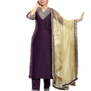 SIRIL Women's Silk Embroidery Straight Kurta Pant with Dupatta Set