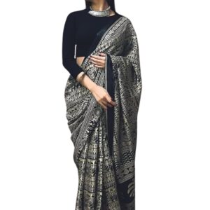 EthnicJunction Women's Art Silk Kalamkari Print Saree With Blouse Piece,black