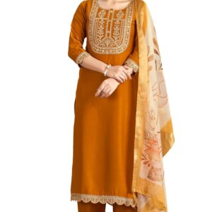 MOKOSH Women's Solid Chinon Embroidered Round Neck 3/4 Sleeve Kurta and Pant with Dupatta Set