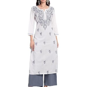Seva Chikan Hand Embroidered Lucknowi Chikankari Regular Straight Cotton Kurta Kurti for Women SCL4243