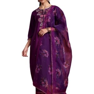 INDO ERA Women's Viscose Embroidered Straight Kurta Pant With Dupatta Set