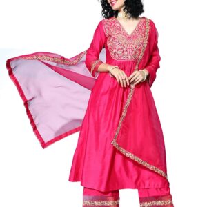 INDO ERA Women's Silk Blend Floral Embroidered A-line Kurta Palazzo with Dupatta Set