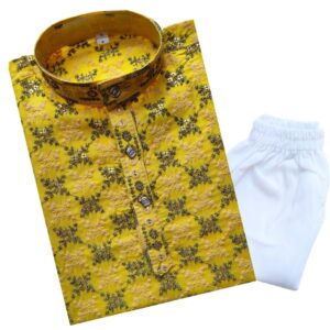 TinySteps Boys' Ethnic Wear – Cotton Lakhnavi Chikan Kurta with Golden Sequence Work and Elastic Waist White Cotton Pajama – Festive & Wedding Outfit