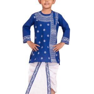 Ethnic Wear for Kids Boys - Cotton Casual Printed Full Sleeve Kurta and Elastic Waist Dhoti Set for Boys