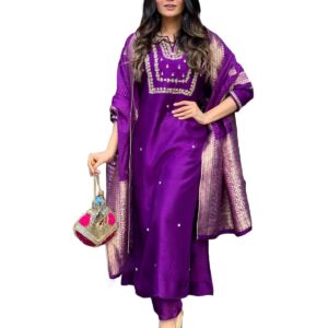 GoSriKi Women's Jagah Silk Blend Straight Embroidered Kurta with Pant & Dupatta