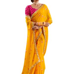 AKHILAM Women's Pure Chiffon Striped Printed Saree With Unstitched Blouse
