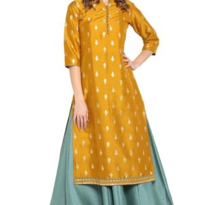 Janasya Women's Mustard Silk Blend Gold Print Anarkali Ethnic Dress