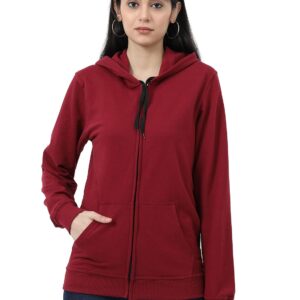 Wafaa Women's Cotton Plain Hooded Neck Full Zipper Sweatshirt Hoodies with Kangaroo Pocket