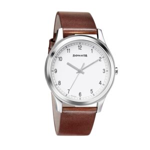Sonata Quartz Analog White Dial Leather Strap Watch for Men-NS7135SL03/NT7135SL03