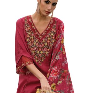 INDO ERA Women's Silk Blend Embroidered A-Line Kurta Pant With Dupatta Set