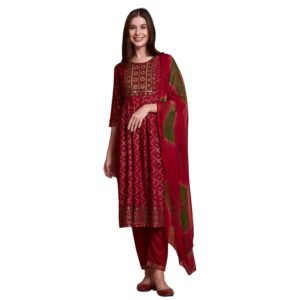 Women's Mirror Work Embroidery Kurta Set with Straight Pants & Poly Chiffon Dupatta - Traditional Ethnic Wear