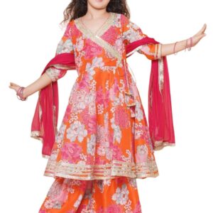 Preneum Girls Floral Printed Angrakha Style Cotton Kurta with Sharara & Dupatta | Traditional Ethnic Wear for Kids | Festive & Party Outfit (PN-KDKK$Parent-1)