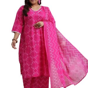 MEERA FAB Plus Size Bandhani Printed Pure Cotton Kurta With Palazzo & Dupatta