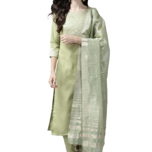 INDO ERA Women's Cotton Blend Yoke Design Straight Kurta Pant with Dupatta Set