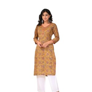 Women Mustard Floral Block Printed Kalamkari Pure Cotton Kurti