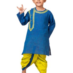 Kids Dhoti Kurta Set for Boys - Handloom Cotton Kurta With Embroidery Around Neck - Elastic Waist Dhoti Kurta for Kids