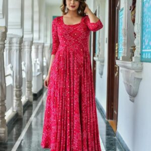 SHOOLIN Pink Bandhej Rayon Red Kurti