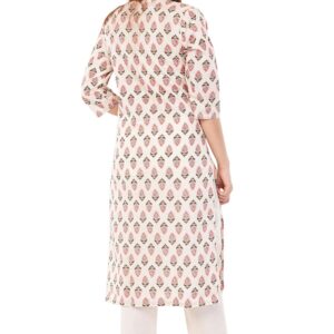 Women's Cotton Kurti with Floral Block Print, 3/4 Sleeves, White and Coral, Straight Cut
