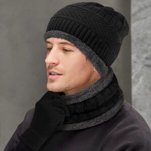 FF Winter Warm 3 in 1 Beanie Hat Scarf Gloves Set, Knitted Hat Neck Warmers Touch Screen Gloves for Men & Women