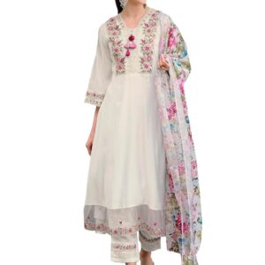 INDO ERA Women's Silk Blend Embroidered A-Line Kurta Pant With Dupatta Set