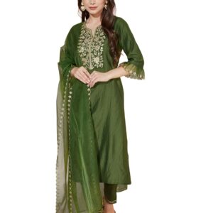 SIRIL Women's Cotton Embroidery Anarkali Kurta Pant with Dupatta Set