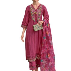 INDO ERA Women's Silk Blend Embroidered A-Line Kurta Pant With Dupatta Set