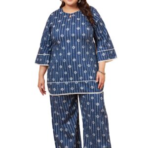 Tissu Women's Plus Size Pure Cotton Striped Shirt with Pyjama Co-Ord Set