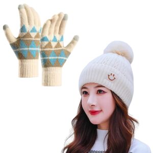 Tomorrow Women Winter Beanie with Pom Pom | Stylish Warmth for Cold Weather | Cozy Knit Beanie and Fleece-Lined Gloves Set, Stylish Winter Accessories for Women