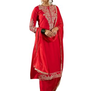 INDO ERA Women's Red Silk Blend Embroidered Straight Kurta & Pant with Dupatta Set (IESTR6894)