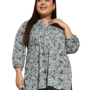 Women Plus Size Navy Blue Floral Print Top with Mandarin Collar & Three-Quarter Sleeves Pary Wedding Festivals 2XL / 3XL / 4XL / 5XL / 6XL / 7XL / 8XL