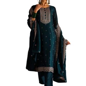 INDO ERA Women's Embroidered Silk Blend Calf Length Straight Kurta Pant And Dupatta Set (KH9MR6194)