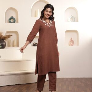 Women's Viscose Kurta Pant Set, Brown, Embroidered, 3/4 Sleeve, Straight Fit