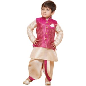 AJ DEZINES Kids Cotton Full Sleeve Solid Dhoti Kurta & Waistcoat Set for Boys - Ethnic wear | Special Occasion & Party Outfit | Mandarin Collar Woven Design Waistcoat for boys - Regular Fit