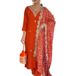 Naixa Women's BSY Viscose Embroidered Straight Kurta with Pant and Dupatta Sets (NX-640)