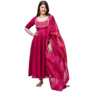 GoSriKi Women's Rayon Blend Anarkali Embroidered Kurta with Pant & Dupatta