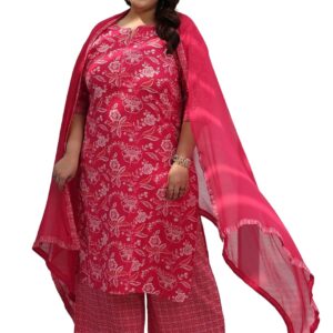 MEERA FAB Plus Size Floral Printed Pure Cotton Kurta with Palazzo & Dupatta