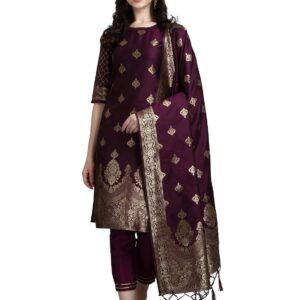 VredeVogel Women's Cotton Silk Jacquard Kurta Pant with Dupatta Set