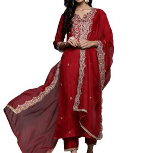 INDO ERA Women's Viscose Embroidered Straight Kurta & Pant With Dupatta Set, Kurta Set