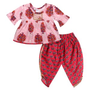 superminis Cotton Blend Baby Girl's Jaipuri Print Frock Style Kurti With Frill Sleeves And Dhoti Style Salwar With Elastic Closure Ethnic Dress Clothing Set