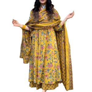 Arayna Women's Pure Cotton Block Printed Kurta Set with Palazzo Pants & Dupatta - Ethnic Wear, Yellow