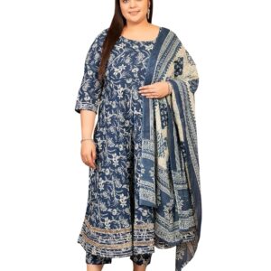MEERA FAB Plus Size Women's Cotton Printed Anarkali Kurta With Palazzo & Dupatta Set With Dori