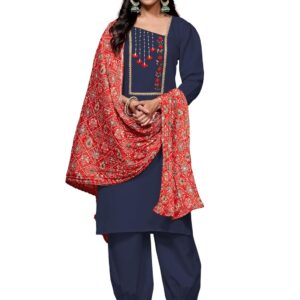 EthnicJunction Women's Cotton Blend Embroidered Kurta Salwar Set with Bandhani Dupatta