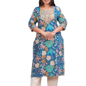 Plus Size Women Kantha Work Printed Pure Cotton Straight Kurta (Black)