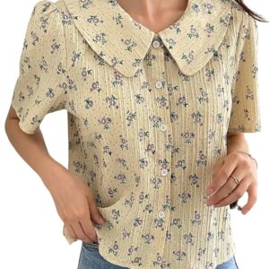 GRECIILOOKS Women's Short Sleeve Button-Down Shirt | Printed Casual Crop Top | Stylish Collared Shirt for Women | Oversized Shirt for Woman