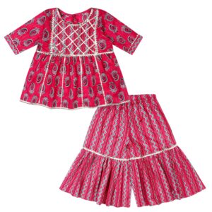 superminis Girls Sanganeri Prints Frock Style Cotton Kurti With Full Length Sharara Set