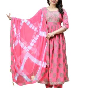 Women's Naira Cut Embroidered Rayon Kurta Set with Tie-Dye Dupatta, Traditional Ethnic Wear, 3-Piece