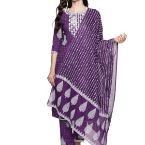 RAJMANDIRFABRICS Women's Embroidered Cotton Straight Kurta Pant with Dupatta Set (Dark Color)