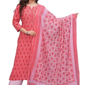 rytras Women's Printed Straight Kurta Set with Palazzo Pants & Dupatta- Ethnic Wear, Peach